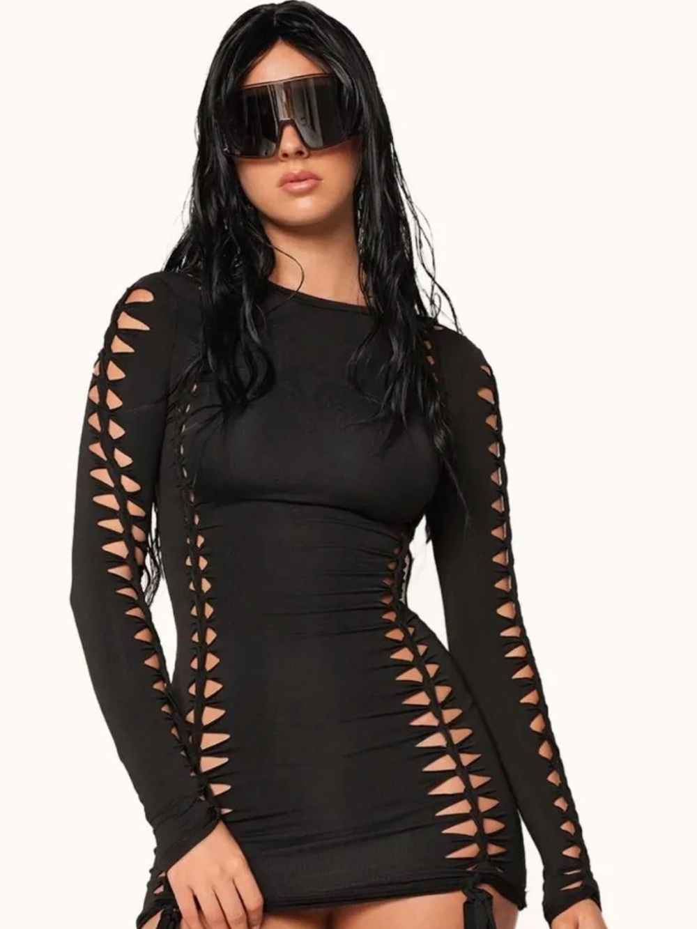 iHeartRaves Black Long-Sleeve Cutout Bodycon Dress